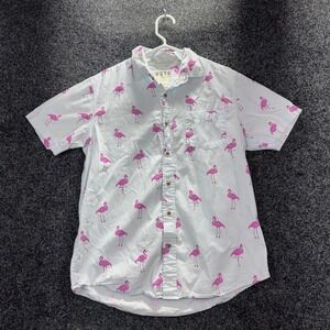 VSTR‎ Premium Mens Medium Blue Pink Flamingo Print Cotton Button Up Shirt SS